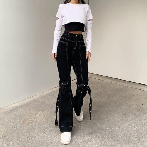 Bandage Bell Bottom Punk Aesthetics High Waist Denim Black Jeans 90s Fashion Trousers 2021 Fashion New Retro Y2K Streetwear