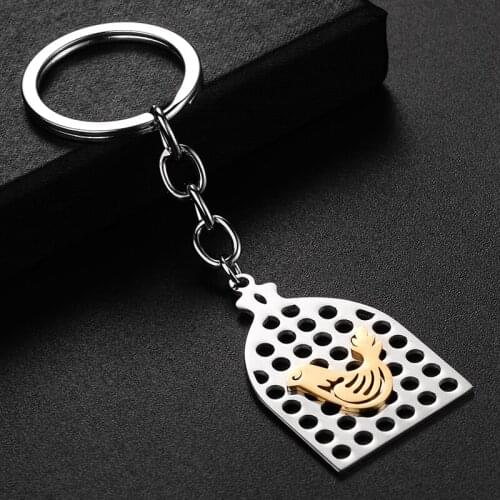 JWEIJIAO Cage Bird Keychain Fashion Stainless Steel Gold Bird Keyring Kid Women Men Car Bag Lover Animal Jewelry SS80