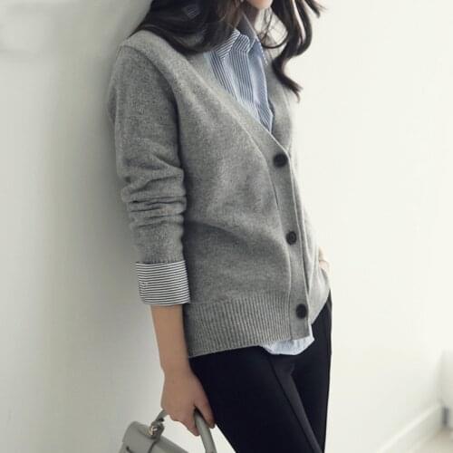 Basic Brief V Neck Cardigan Sweater Women Knitted Cardigans Black Grey Beige S-2XL