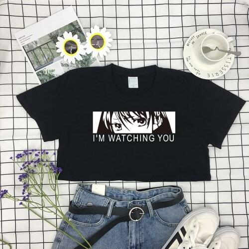 Harajuku Crop Top T-Shirt Female I'M Watching You Print Women Tshirt O-Neck Short Sleeve for Summer Loose Casual Black Tee Shirt