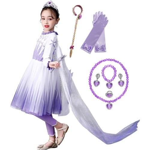 Snow Queen 2 Elsa Fancy Dress Girl Princess Purple Mesh Prom Gown Kids Halloween Cosplay Costume Children Outfits