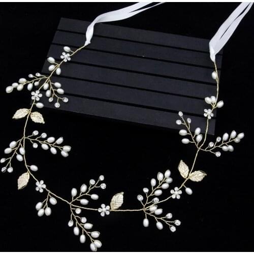 Fashion Bride Pearl Hair Band Wedding Hair Accessories Handmade Gold Flower Leaves Princess Crystal Hair Band Tiara Head Jewelry