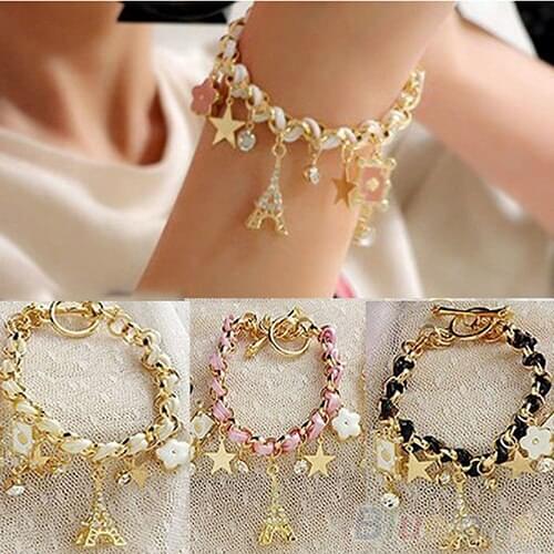 Fashion Women Jewelry Multi-element Gold Chain Leather Rope Crystal Handwork Bracelet Bracelets & pendants