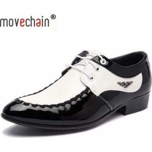 Movechain Fashion Mens Leather Lace-Up Dress Shoes Man Wedding Party Business Flats Mens Black / White Split Derby Shoe