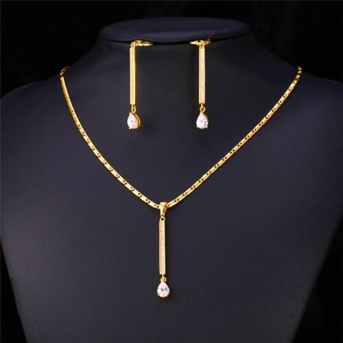 Kpop Crystal Set Women Pendant Necklace Earring Gold Color Cubic Zircon Trendy Cute Gift For Women Set PE209