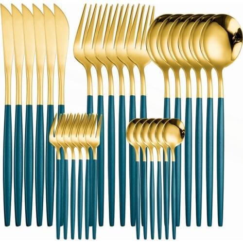 Cutlery Set Green Gold Tableware Set Stainless Steel Dinner Set Tableware Knife Spoon Fork Golden Dinnerware Tableware 30 Pieces