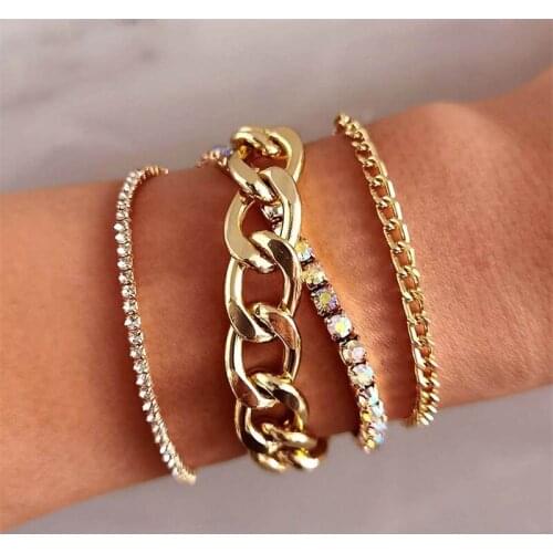 4 Pcs/Set Fashion Women Bracelets Set Bohemian Gold Color Chain Crystal Beaded Cuff Bracelet Ladies Wedding Party Charm Jewelry