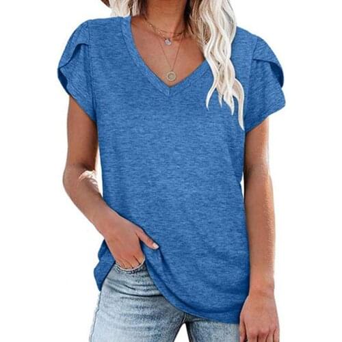 New Women Harajuku Tops V Collar Petal Sleeve Solid Color Daily Office Women Girl Basic Tunic T-shirts for Girl Streetwear