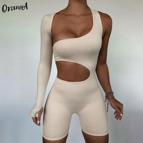 OrangeA women fashion side hollow out rompers sexy stretchy off shoulder backless biker shorts playsuits casual elastic outfits