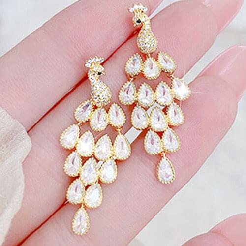 14k Real Gold Inlaid Exquisite Temperament Peacock Earrings Long Top Quality Zircon Earrings Engagement Wedding Luxury Pendant