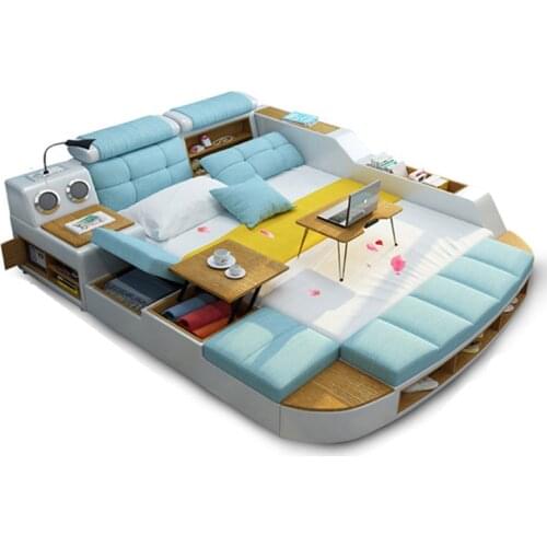 Smart bed frame camas bedroom кровать двуспальная lit beds fabric genuine leather speaker Bluetooth LED light USB creative bed
