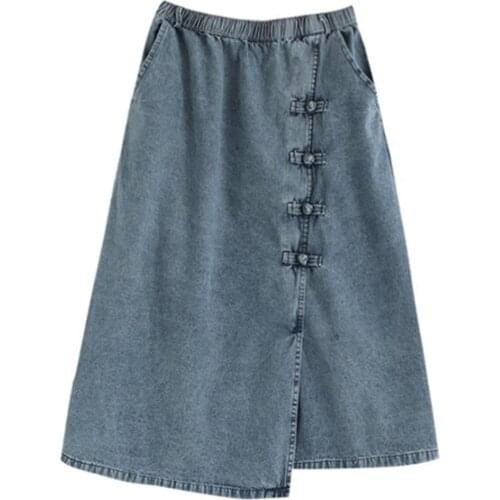 2021 Denim Womens Fashion Long Skirts Summer Solid Elastic High Waist Maxi Skirt Casual Button Work A-line Skirts