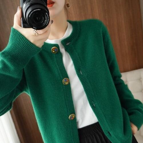 Hot Sale Women Cardigan 100% Wool Cashmere Sweater Female O-Neck Solid Knitted Womens Cardigans Loose Oversize Tops Autumn