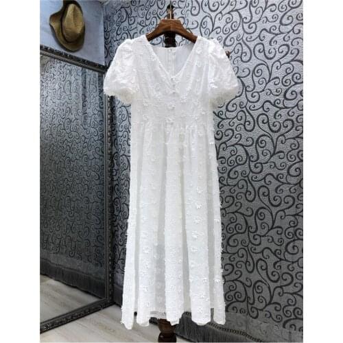 2021 Summer Fashion White Dress High Quality Women V-Neck Allover Exquisite Embroidery Short Sleeve Mid-Calf Casual Dress Boho