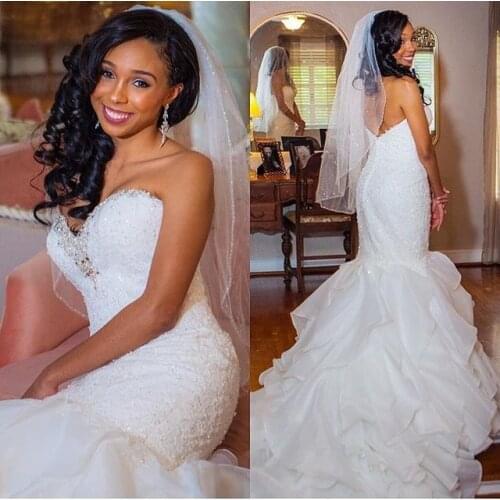 New Arrival African Mermaid Wedding Dresses 2020 vestido de noiva Beading Applique Lace Sweetheart Black Girl Women Wedding Gown