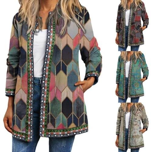 2021 New Fashion Coat Ethnic Thermal Leaves Wash Painting Long Sleeve Women Coat for Autumn