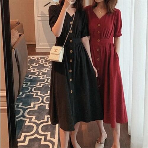 Plus Size M- 4XL Women Dresses 2020 Summer Vintage Ladies Vestidos V-Neck Elegant Robe Button Design Female Dress Brand Clothes