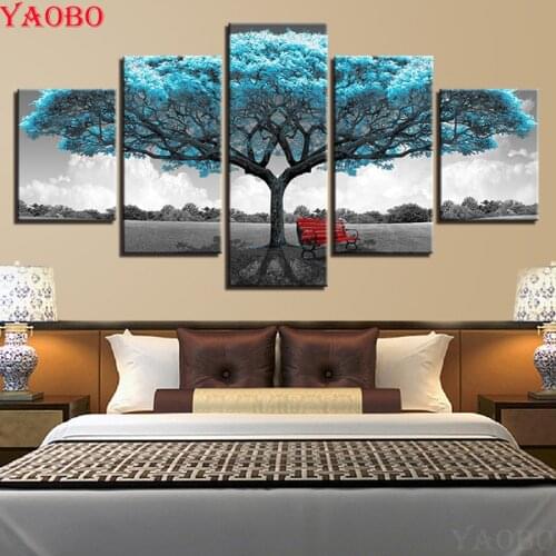 5D DIY Diamond Painting 5 Panel Blue Big Tree Red Chair Diamond Embroidery Rhinestones Full Square Round Drill Diamonds Mosaic