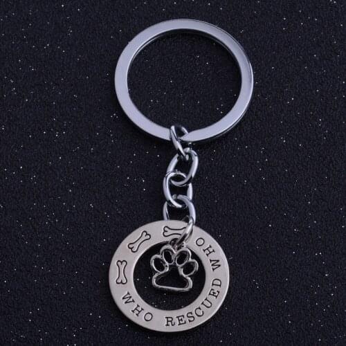 Bespmosp 12PCS/Lot Wholesale Trendy"Who Rescued Who"Circle Bone Pendant Dog Paw Pet Lover Keychain Keyring Family Jewelry Charm