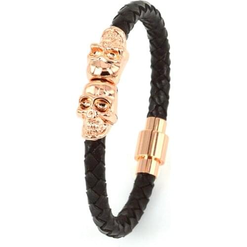 Famous Brand 2017 Fashion Genuine Skull Leather Bracelet Rose Gold Color Double Skeleton Twin Skull Bangles for Men Punk Rock