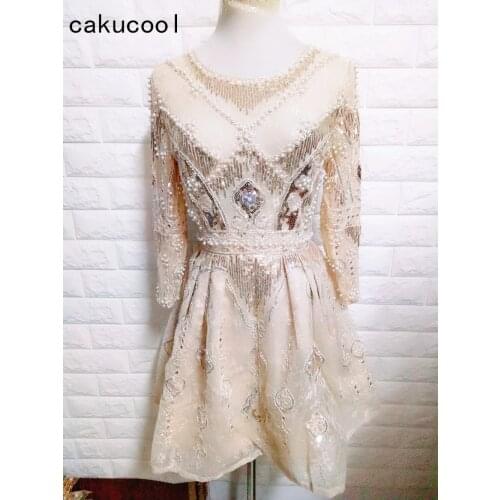 Cakucool New Black Dress Pearl Beading Lace Mesh Short Dress Long Sleeve Ball Gown Luxury Cute Vestido Party Elegant Dresses