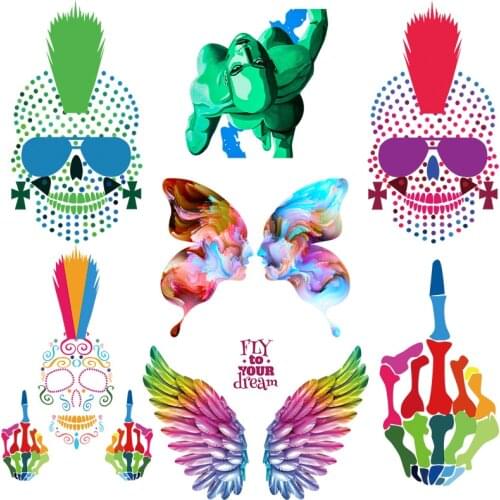 Nicediy Colorful Body Art Patches Iron On Patches For Clothing Heat Transfer Vinyl Sticker Punk Skull Applique Badge Washable