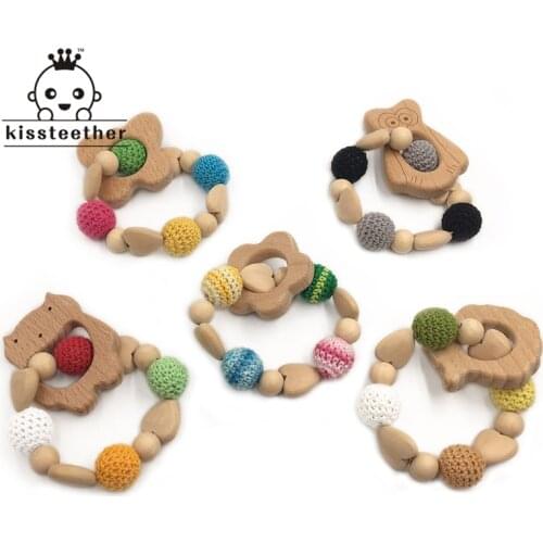 Baby Teether Wooden Heart Crochet Beads Wooden Animals Blend Creative Freedom Teething Shower Dummy Chain Baby Teether Bracelet