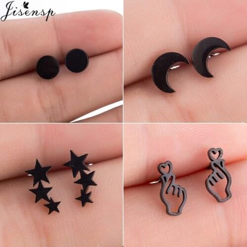 Jisensp Trendy Moon Stars Stainless Steel Earrings Lovely Heart Gesture Stud Earring Fashion Jewelry for Women Birthday Gift