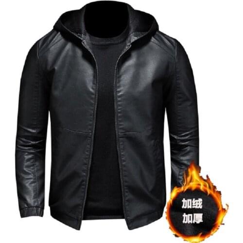 Leather jacket mens autumn and winter new slim Korean style handsome hooded motorcycle jacket plus velvet thick leather jacket