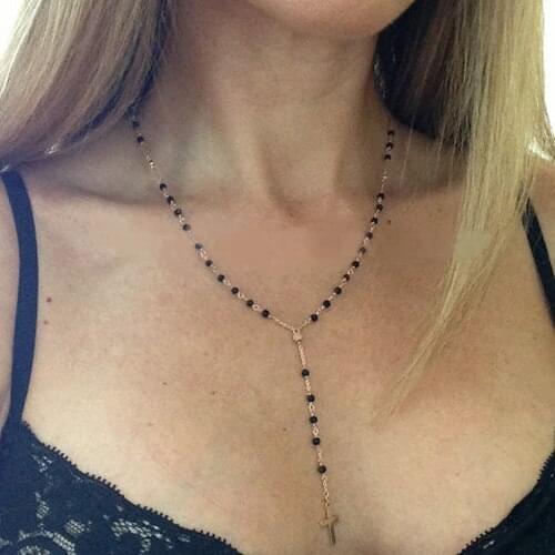 Hot Womens Simple Handmade Brand Design Y-type Handmade Tassels Black Beads Cross Pendant Long Necklace 2017 New Arrival