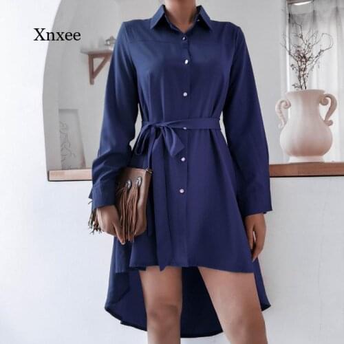 2021 Autumn and Winter Womens New Long-Sleeved Pleated Casual Slim Collar Single-Breasted Shirt Dress Female Elegant Pure Color