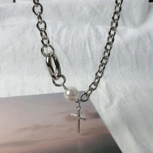 New Fashion Pearl Cross Necklace Female Niche Design European And American Street Clavicle Chain