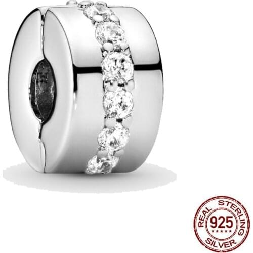 New 925 Sterling Silver Bead Clear Zircon Pavé Clip Charm Fit Original Pandora Bracelet DIY Jewelry For Women Diy Jewelry Makin