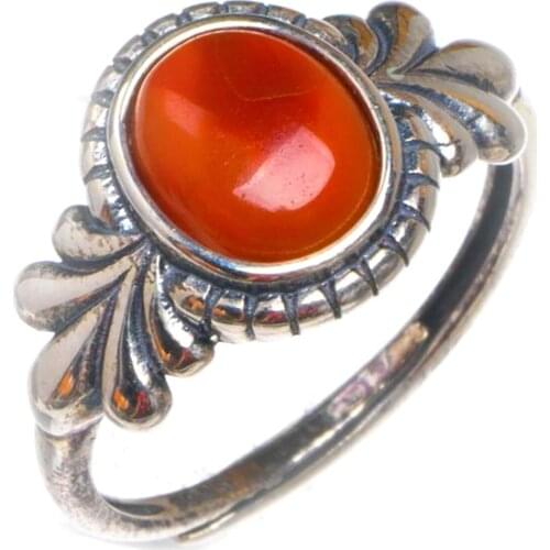 Natural Nanjiang Red Agate Opening Vintage Handmade 925 Sterling Silver Ring 7 D1054