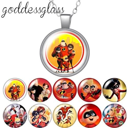 Disney The Incredibles Super Family Round Glass glass cabochon silver plated/Crystal pendant necklace jewelry Gift