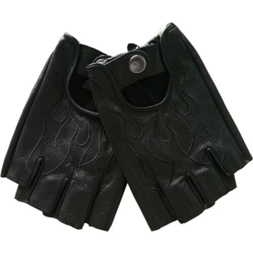 Genuine Leather Gloves Male Embroidery Imported Lambskin Driving Half Finger Semi-Finger Men Gloves Non-Slip Breathable M047N-2