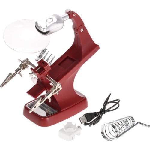 Protable LED Illuminated Desktop Magnifier Helping Hand Auxiliary Clamp Alligator Clip Stand 10 LED Lights Magnifying Glass