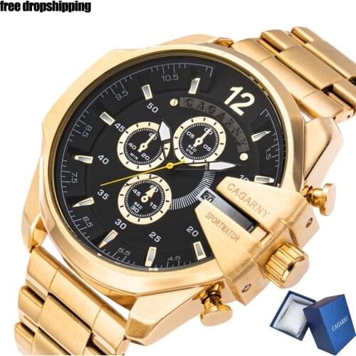 Drop Shipping Cool Big Case Watch for Men Luxury Gold Stainless Steel Mens Watches Fashion Quartz Wristwatch Relogio Masculino