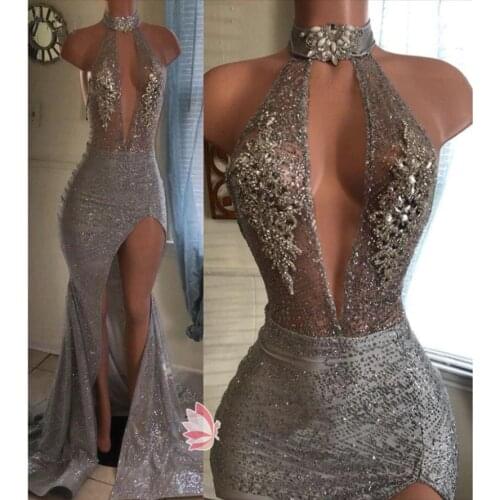 Luxury Sparkle Crystal Mermaid Prom Dresses 2020 Halter High Side Split Long Prom Gowns Beaded Formal Dress Vestido