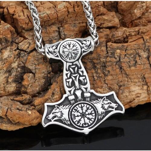 Nordic viking stainless steel thor hammer Mjolnir odin wolf vegvisir pendant necklace with valknut gift bag