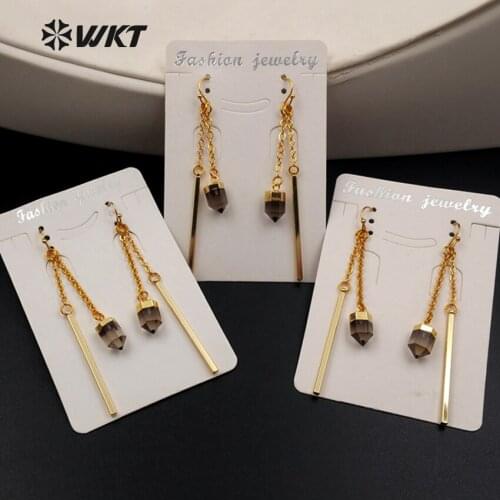 WT-E391 Wholesale Fashion Smokey Quartz Earrings Plating 24K Gold Cylinder Shape With Gilt Long Strip Earrings Jewelry For Women