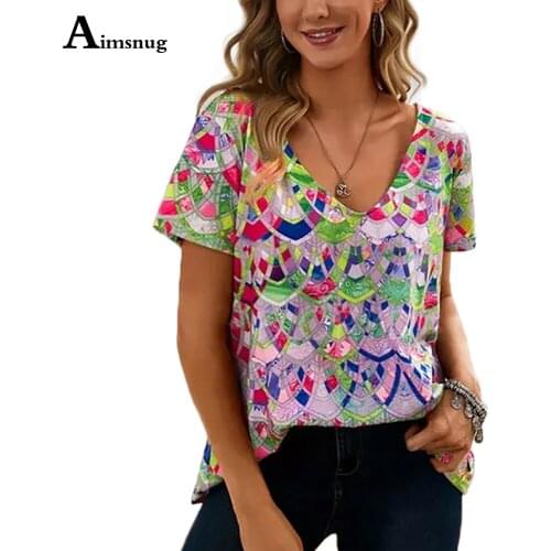 Fashion T-shirt Ladies Bohemian V-neck Shirt Patchwork 3D Print Womens Top 2021 Summer New Tees Shirt Casual Pullovers Femme
