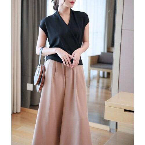 Pink Black T-shirt Women Soft Elegant Rib Knitted Top Tees 2020 Summer V Neck T Shirt Women Ice Silk T-shirts Female Casual Tops