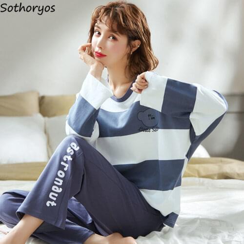 Pajama Sets Women Comfortable Home Wear Long Sleeve Cute Cotton Cartoon Print Sleepwear Pyjamas Fashion Leisure Korean Style New