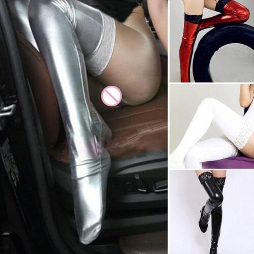Womens Sexy Patent Leather Lace Thigh Leather Socks Lingerie Over Nightclubs For Girls Socks Adult Sexy Knee Socks Cute F4P5