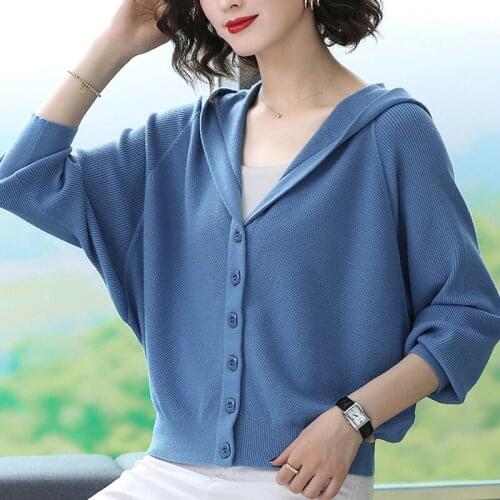 Autumn Spring Short Slim Knitted Sweater for Women Single Breasted Solid Ladies Cardigans Long Sleeve Hooded Female Knit Tops