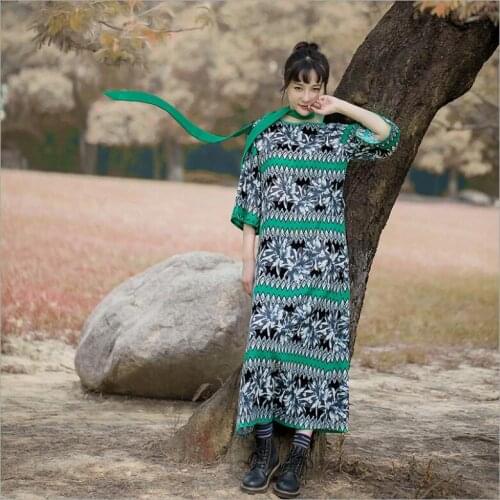 2020 Women Spring Summer Clothing Cotton Linen Printed Dress Ladies Vintage Patchwork Retro Robe Dress Female Improve Hanfu