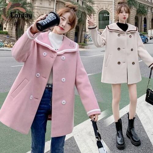 Cotday Junior High School Students Winter Woolen Coat Female College Style Senior Sweet High School Students Woolen Coat Winter