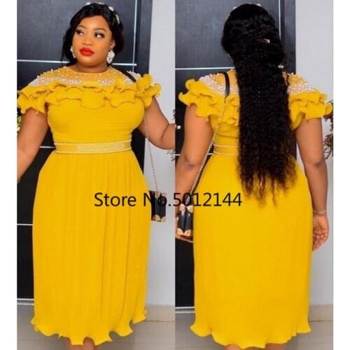 White Vintage Pleated Summer Dress 2021 Party Short Sleeve A-line Beaded Chiffon Beach Midi African Dresses for Women Vestidos