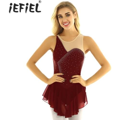 Women Adults Shiny Spliced Bodice Figure Skating Dress Ice Ballroom Dance Competition Dresses Gymnastics Leotard Dance Costumes